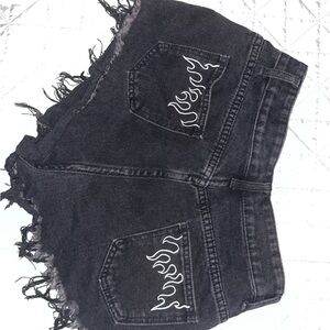 Black Denim Shorts with Flame Embroidery